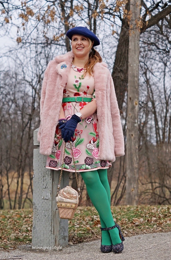 Winnipeg Style , fashion consultant, stylist, Chicwish pink floral fantasy embroiderd dress, Chicwish pink marshmallow faux fur winter coat, Chie Mihara Liuma petrol blue suede splatter paint chunky heel platform shoe, Mary Frances ice cream cone beaded bag handbag, Fabcessories meraid necklace